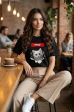 Cute Cat Face Graphic Tee for Men & Women | Black Pure Cotton Casual T-Shirt - Image 6
