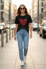 Woman walking outdoors wearing a black cotton t-shirt featuring a bold red Cat Dad graphic