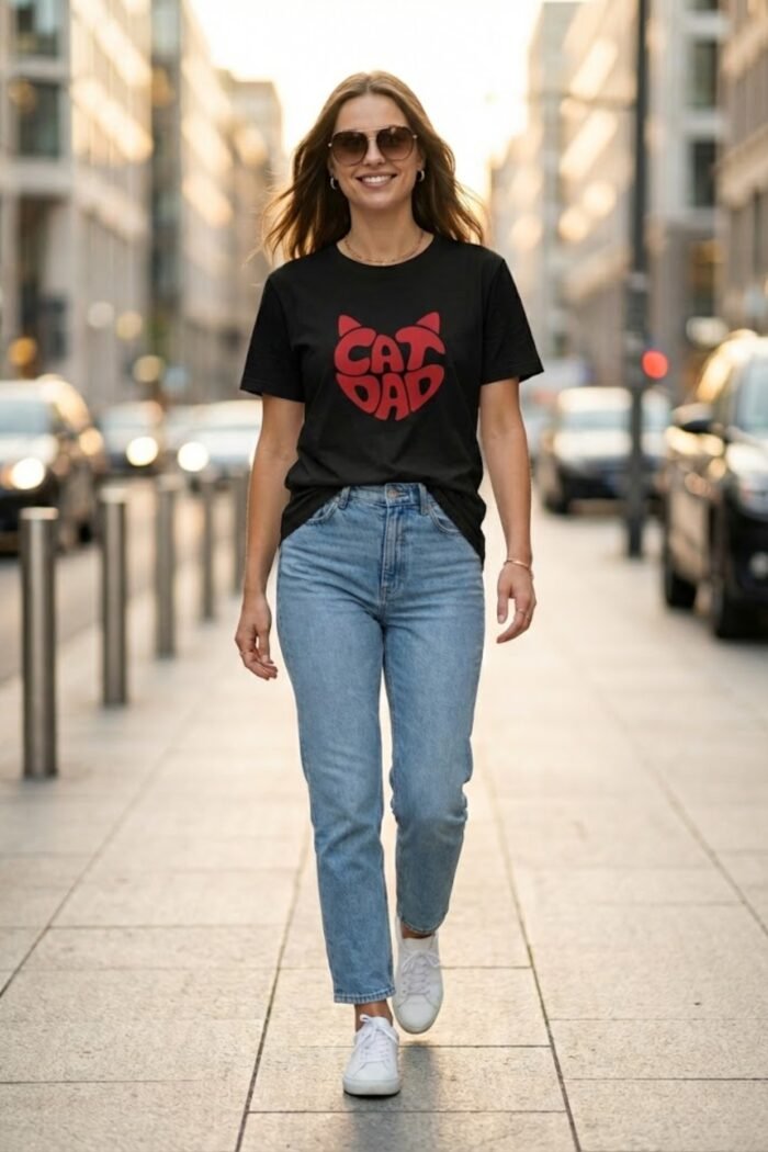 Woman walking outdoors wearing a black cotton t-shirt featuring a bold red Cat Dad graphic