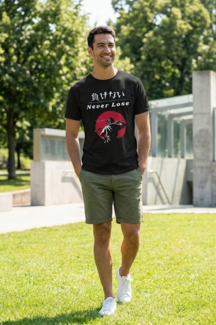 Men’s Never Lose Japanese Graphic Printed T-Shirt | 100% Cotton Bio Washed Casual Wear | Round Neck Half Sleeve Regular Fit Anime Streetwear Tee - Image 3