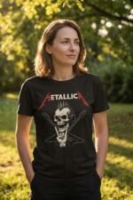 Woman standing outdoors wearing a black cotton t-shirt featuring an edgy Metallica skull graphic
