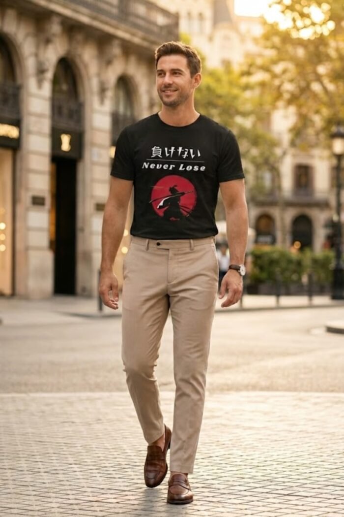 Men’s Never Lose Japanese Graphic Printed T-Shirt | 100% Cotton Bio Washed Casual Wear | Round Neck Half Sleeve Regular Fit Anime Streetwear Tee - Image 5