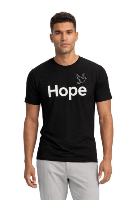 Man wearing a black cotton t-shirt featuring the motivational word Hope in clean typography