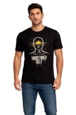 Men's black cotton t-shirt with "Undefined Self" astronaut helmet graphic – mindful living black t-shirt streetwear outfit