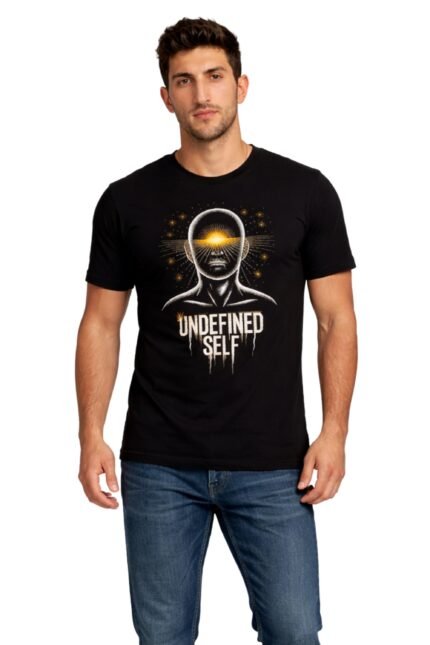 Men's black cotton t-shirt with "Undefined Self" astronaut helmet graphic – mindful living black t-shirt streetwear outfit