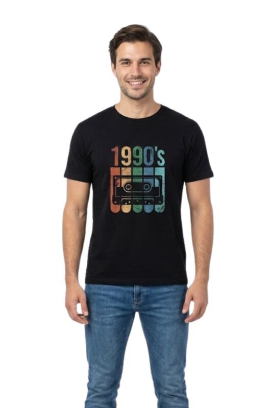 Man wearing 90's Born Classic Black T-Shirt with vintage graphic design