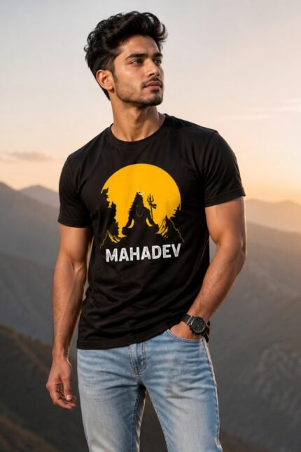 Man standing outdoors wearing a black cotton t-shirt featuring an orange Mahadev Lord Shiva silhouette graphic