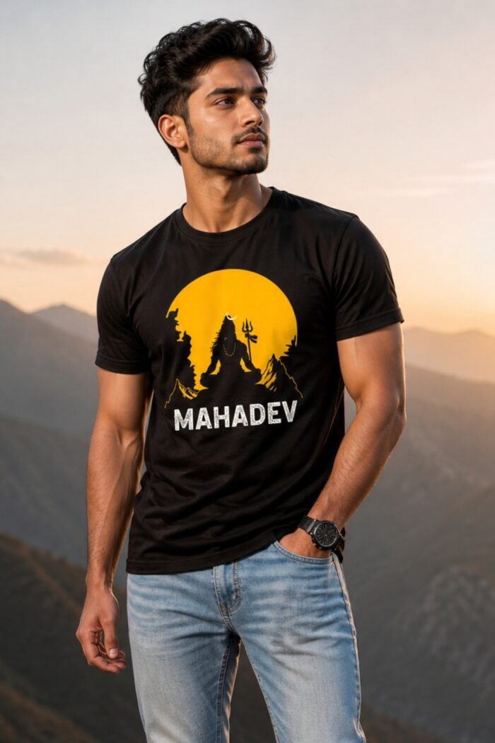 Man standing outdoors wearing a black cotton t-shirt featuring an orange Mahadev Lord Shiva silhouette graphic