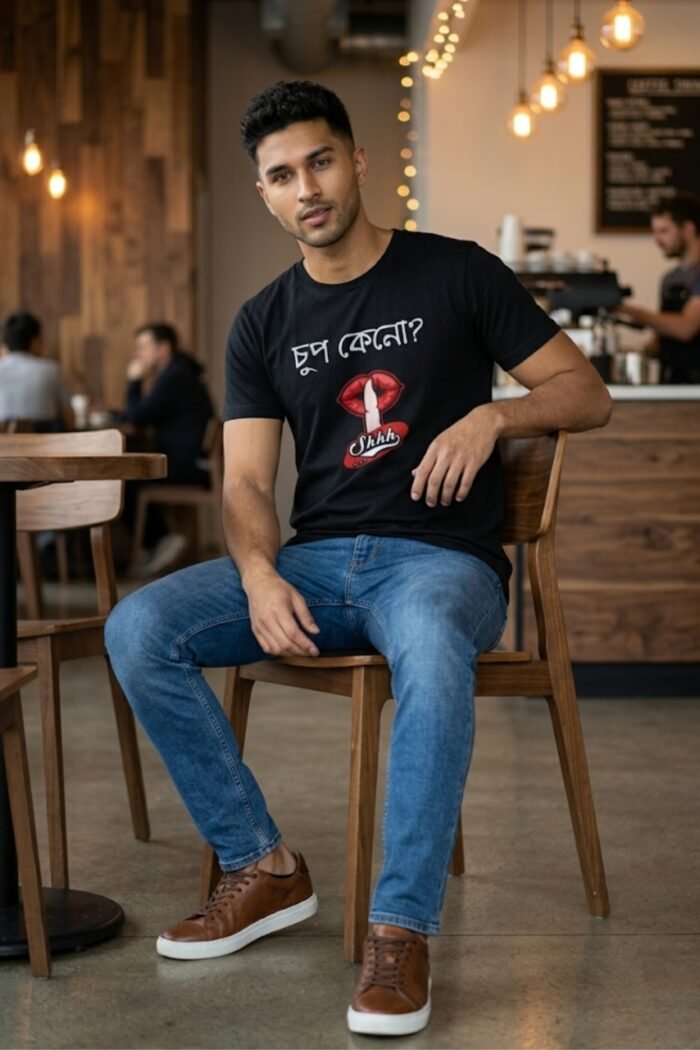 Chup Keno Black T-Shirt | 100% Cotton Bio Wash Bengali Tee - Image 3