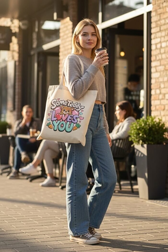 Aesthetic Teddy Bear Graphic Tote Bag | Beige Premium Cotton Reusable Bag - Image 3