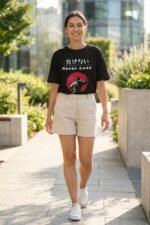 Lifestyle gallery photo of a couple walking outdoors, both modeling the Never Lose motivational t-shirt from the back. This pure cotton black tee showcases a striking red sun and Japanese script graphic, capturing a confident and unified style.