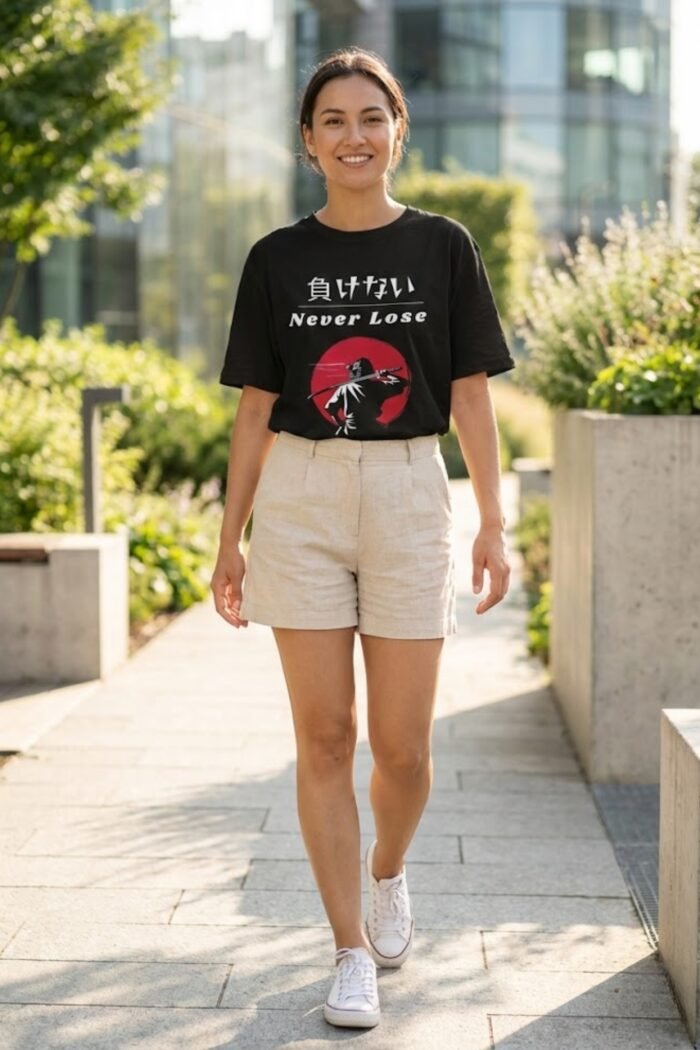 Lifestyle gallery photo of a couple walking outdoors, both modeling the Never Lose motivational t-shirt from the back. This pure cotton black tee showcases a striking red sun and Japanese script graphic, capturing a confident and unified style.