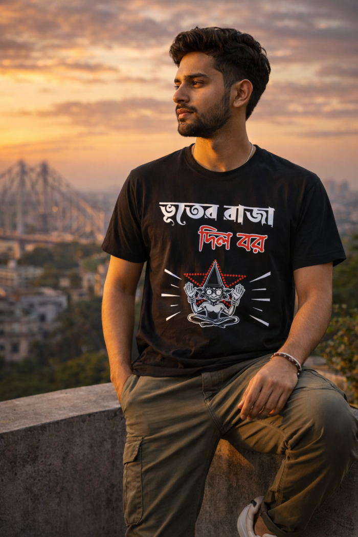 Satyajit Ray Classic Bengali Movie T-Shirt | Vuter Raja Dilo Bor Black Cotton T-Shirt - Image 3