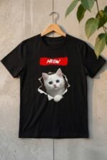 Cute Cat Face Graphic Tee for Men & Women | Black Pure Cotton Casual T-Shirt - Image 7