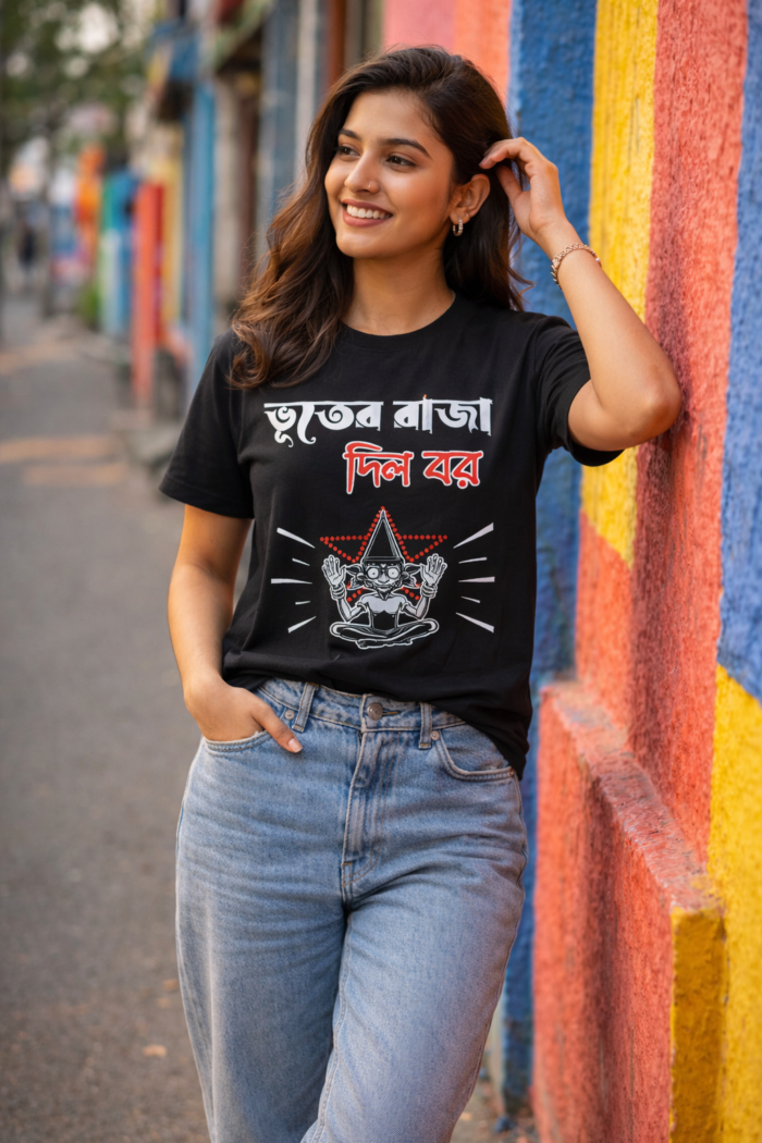 Satyajit Ray Classic Bengali Movie T-Shirt | Vuter Raja Dilo Bor Black Cotton T-Shirt - Image 4