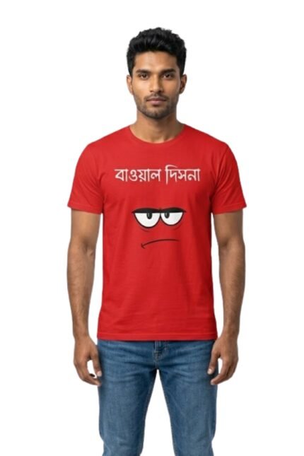 Man wearing a red cotton t-shirt with the funny Bengali phrase Bawal Dis Na and eye graphic