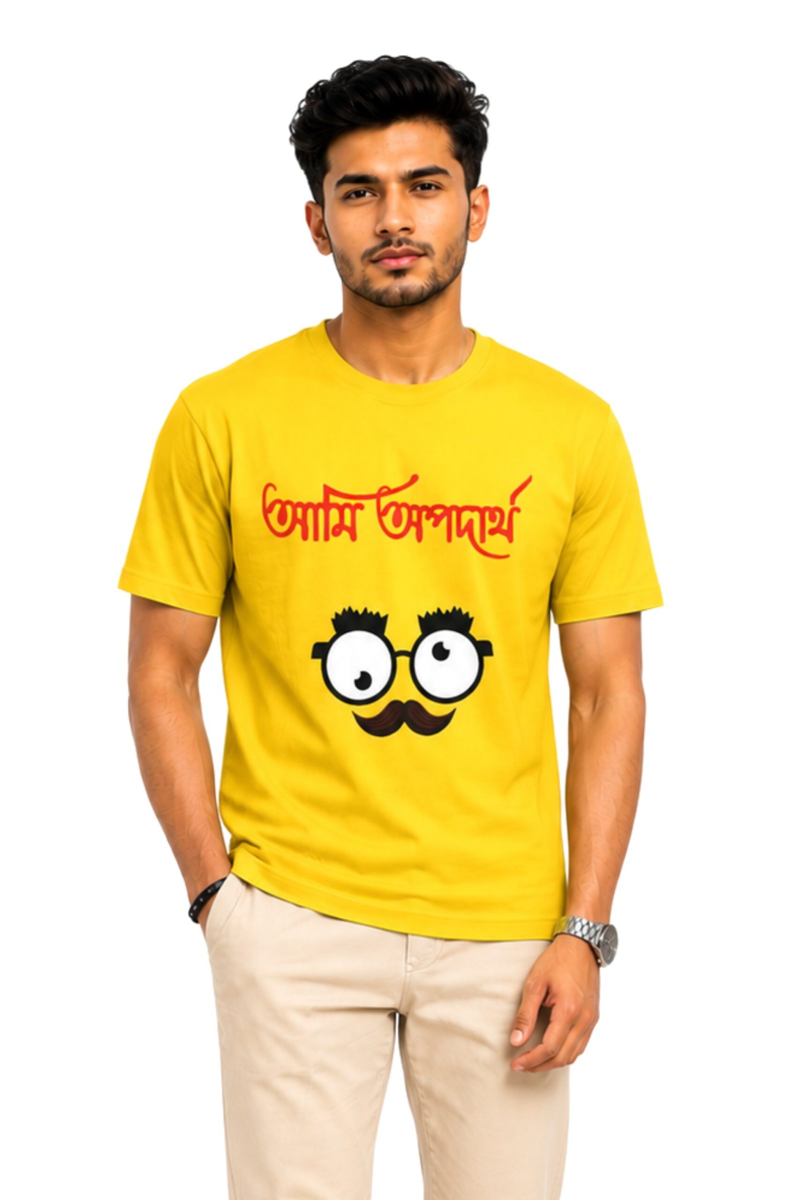 ami-opodartho-bengali-sarcasm-yellow-tshirt-main Man wearing a yellow cotton t-shirt with the sarcastic Bengali phrase Ami Opodartho and a quirky glasses graphic