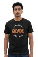 Man wearing a black cotton t-shirt with a vintage rock High Voltage AC/DC graphic