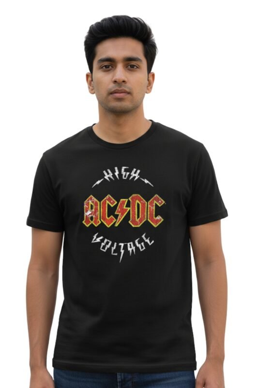 Man wearing a black cotton t-shirt with a vintage rock High Voltage AC/DC graphic