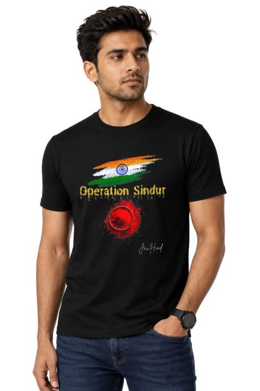 Man wearing a black cotton t-shirt with the bold Operation Sindoor typography and Indian flag colors graphic