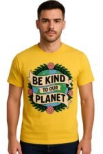 Man wearing a vibrant yellow cotton t-shirt featuring the eco-friendly quote Be Kind to the Planet