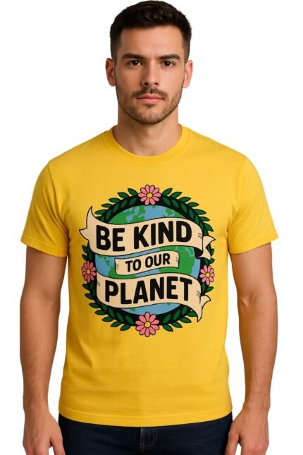 Man wearing a vibrant yellow cotton t-shirt featuring the eco-friendly quote Be Kind to the Planet