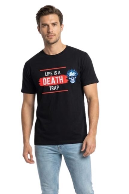 Man wearing a black cotton t-shirt featuring the Final Destination inspired quote Life is a Death Trap