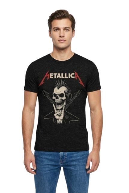 Man wearing a black cotton t-shirt featuring an edgy Metallica skull and reaper graphic