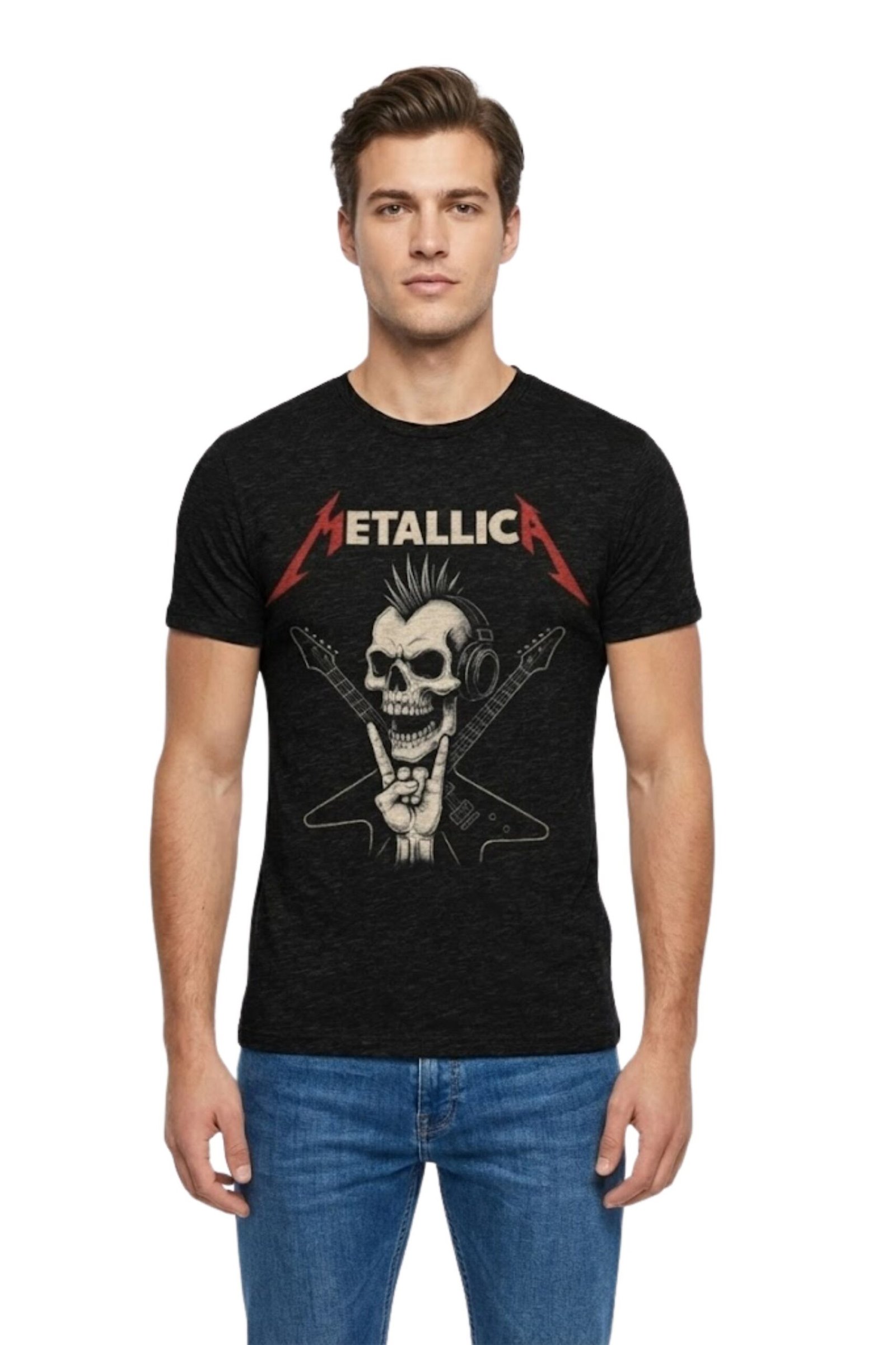 metallica-skull-graphic-black-tshirt-main Man wearing a black cotton t-shirt featuring an edgy Metallica skull and reaper graphic