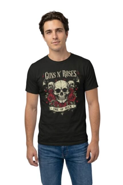 Man wearing a black cotton t-shirt featuring a vintage Guns N' Roses skull and roses graphic