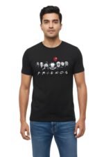 Man wearing a black cotton t-shirt featuring the classic Friends television show logo graphic