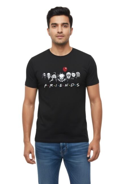 Man wearing a black cotton t-shirt featuring the classic Friends television show logo graphic