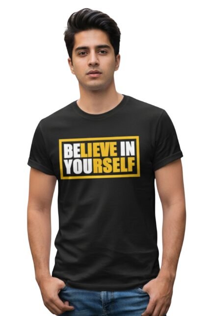 Man wearing a black cotton t-shirt featuring the motivational quote Believe in Yourself