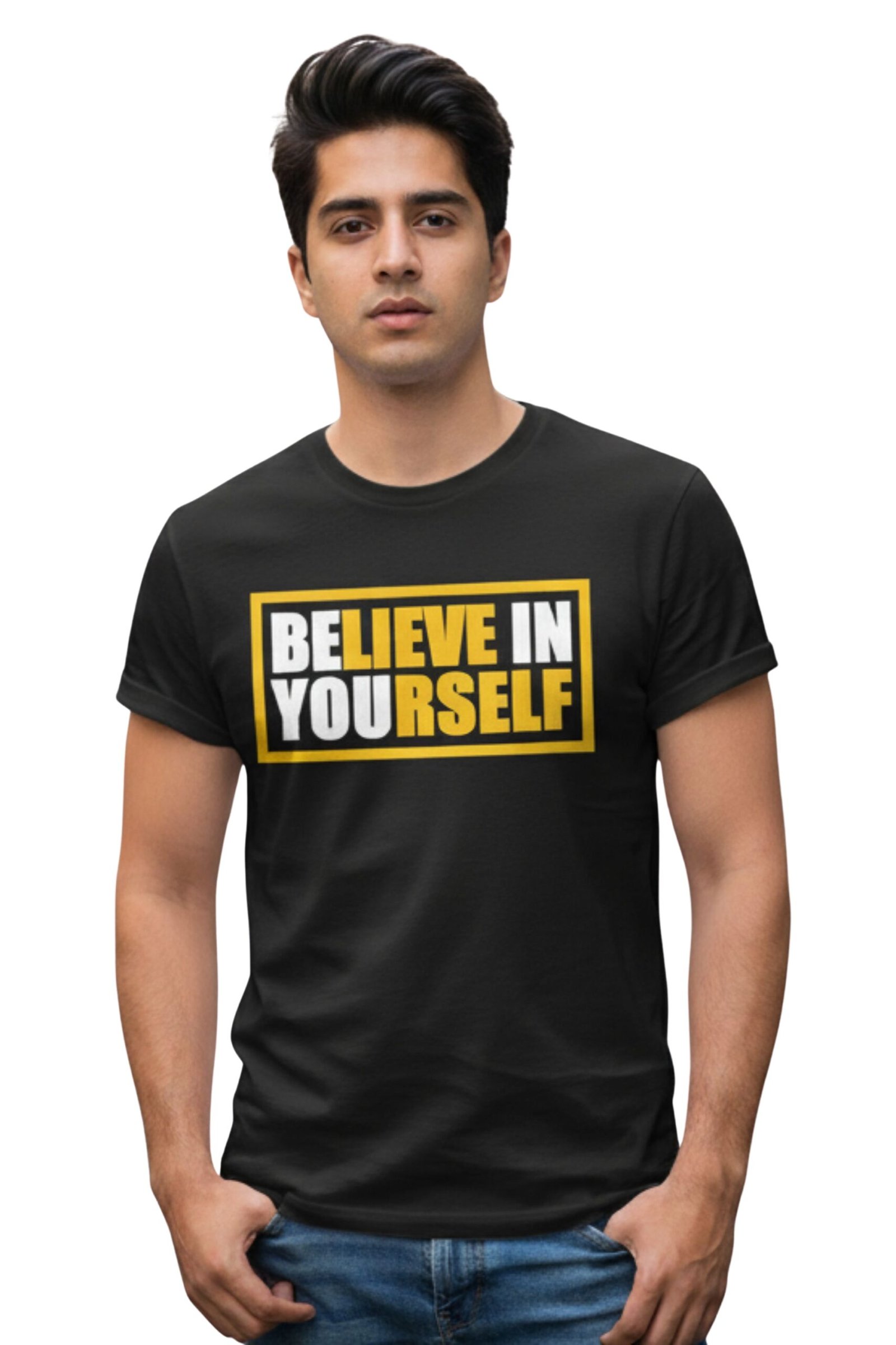 believe-in-yourself-motivational-graphic-black-tshirt-main Man wearing a black cotton t-shirt featuring the motivational quote Believe in Yourself