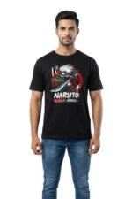 Man wearing a black cotton t-shirt featuring a Naruto anime character graphic