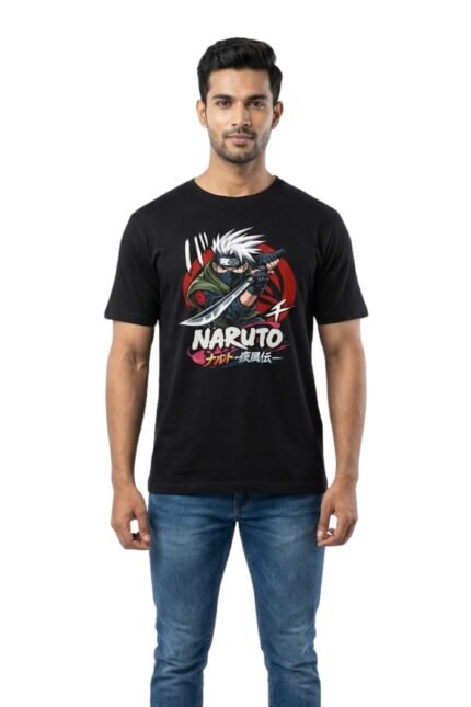 Man wearing a black cotton t-shirt featuring a Naruto anime character graphic