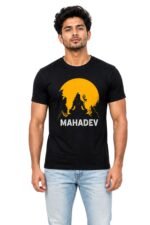 Man wearing a black cotton t-shirt featuring an orange Mahadev Lord Shiva silhouette graphic