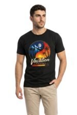 Men's black cotton t-shirt featuring a retro sunset vacation graphic - casual black t shirt mens outfit