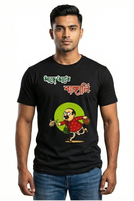 Man wearing a black cotton t-shirt with a funny "ভেতো বাঙালি" (Veto Bangali) cartoon graphic eating rice