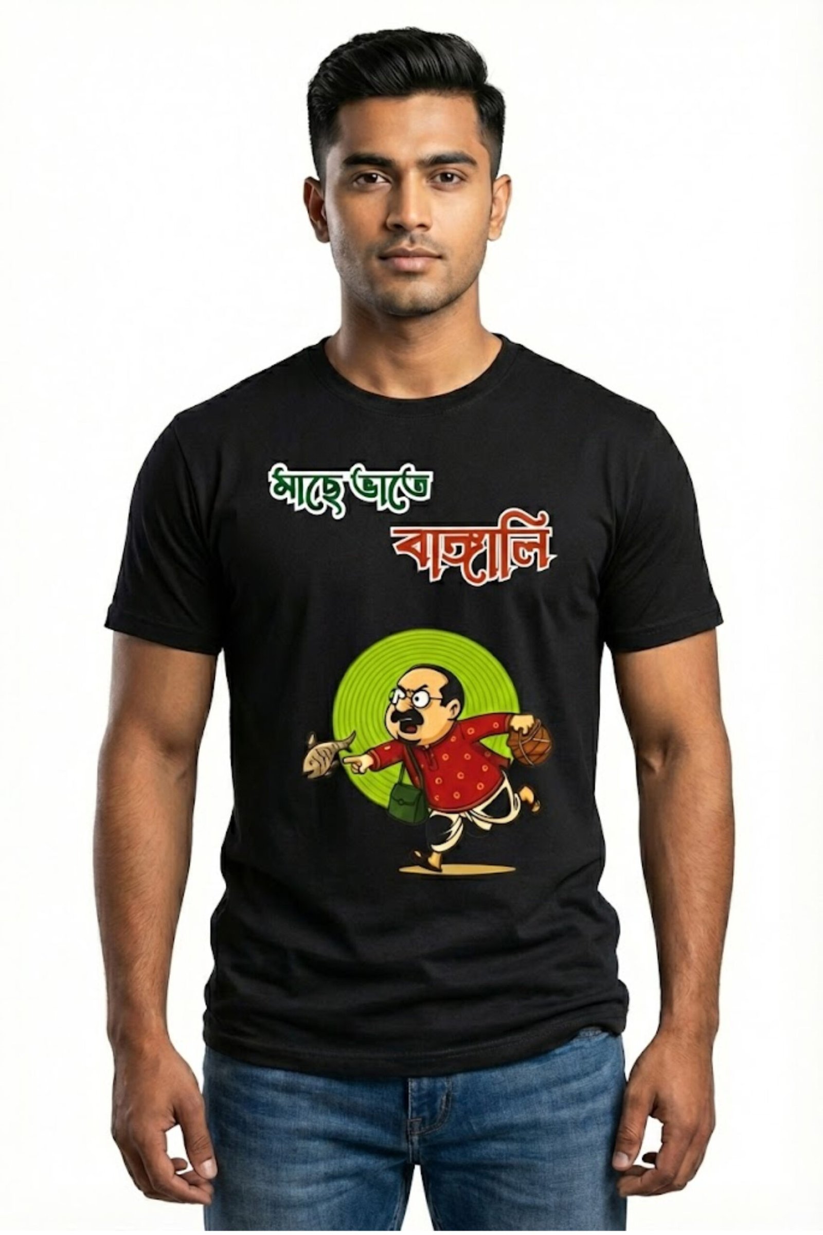 veto-bangali-mache-bhaate-black-tshirt-main Man wearing a black cotton t-shirt with a funny "ভেতো বাঙালি" (Veto Bangali) cartoon graphic eating rice