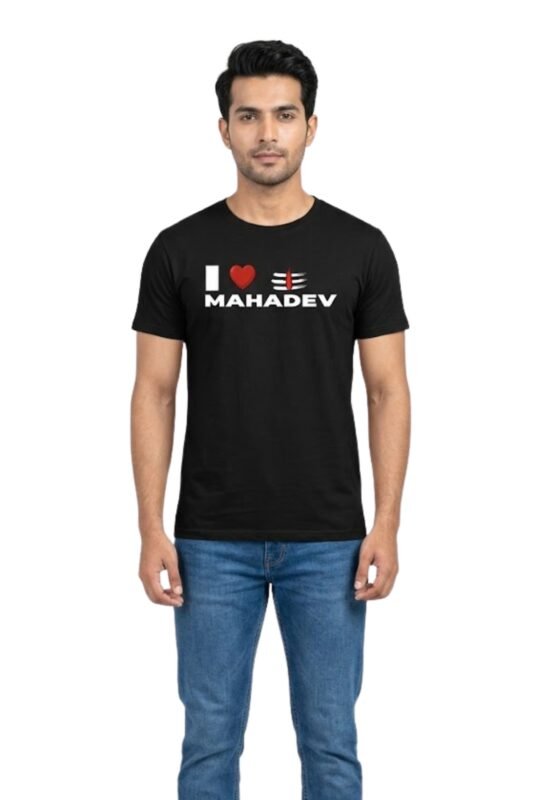Men's black cotton t-shirt with a yellow Mahadev graphic silhouette – spiritual black t shirt mens outfit lifestyle photography