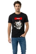 Men's black cotton t-shirt with a cool cat graphic wearing sunglasses and a bowtie – stylish black t shirt mens outfit