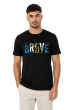 Men's black cotton t-shirt with "Brave" text in a blue-to-white gradient – bold and inspiring black t shirt mens outfit