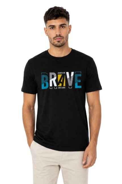 Men's black cotton t-shirt with "Brave" text in a blue-to-white gradient – bold and inspiring black t shirt mens outfit