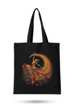 Black canvas tote bag with orange boho tribal dance graphic - stylish boho tribal dance graphic canvas tote bag lifestyle