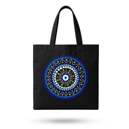 Product shot of a black canvas Boho Evil Eye Graphic Tote Bag with blue mandala design – spiritual aesthetic accessory