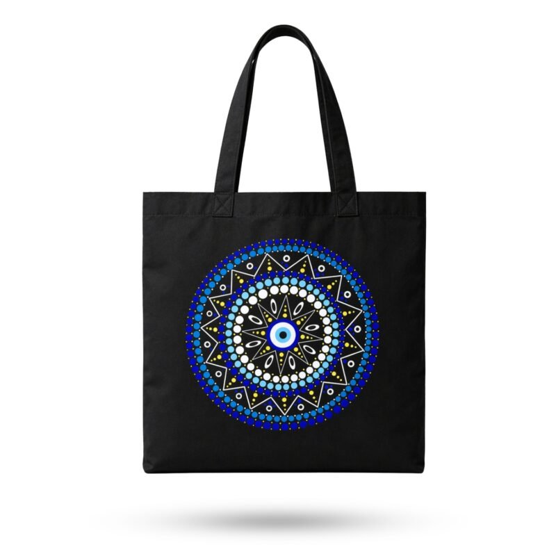 Product shot of a black canvas Boho Evil Eye Graphic Tote Bag with blue mandala design – spiritual aesthetic accessory