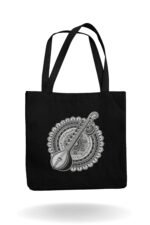 Black canvas tote bag with white Saraswati Bina musical instrument graphic – artistic accessory to pair with a black cotton t-shirt