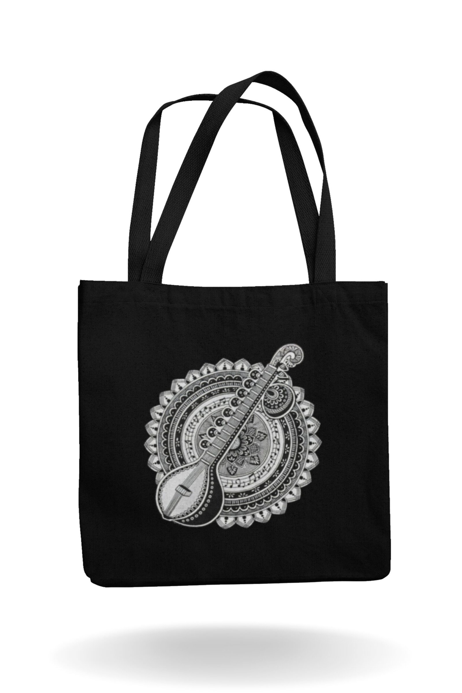 Musical Bina Instrumental Black Tote Bag | Artistic Sitar & Veena Design Black canvas tote bag with white Saraswati Bina musical instrument graphic – artistic accessory to pair with a black cotton t-shirt