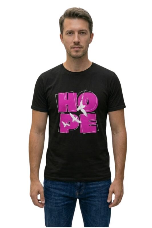 Black cotton t-shirt with pink and white "HOPE" graphic design and birds